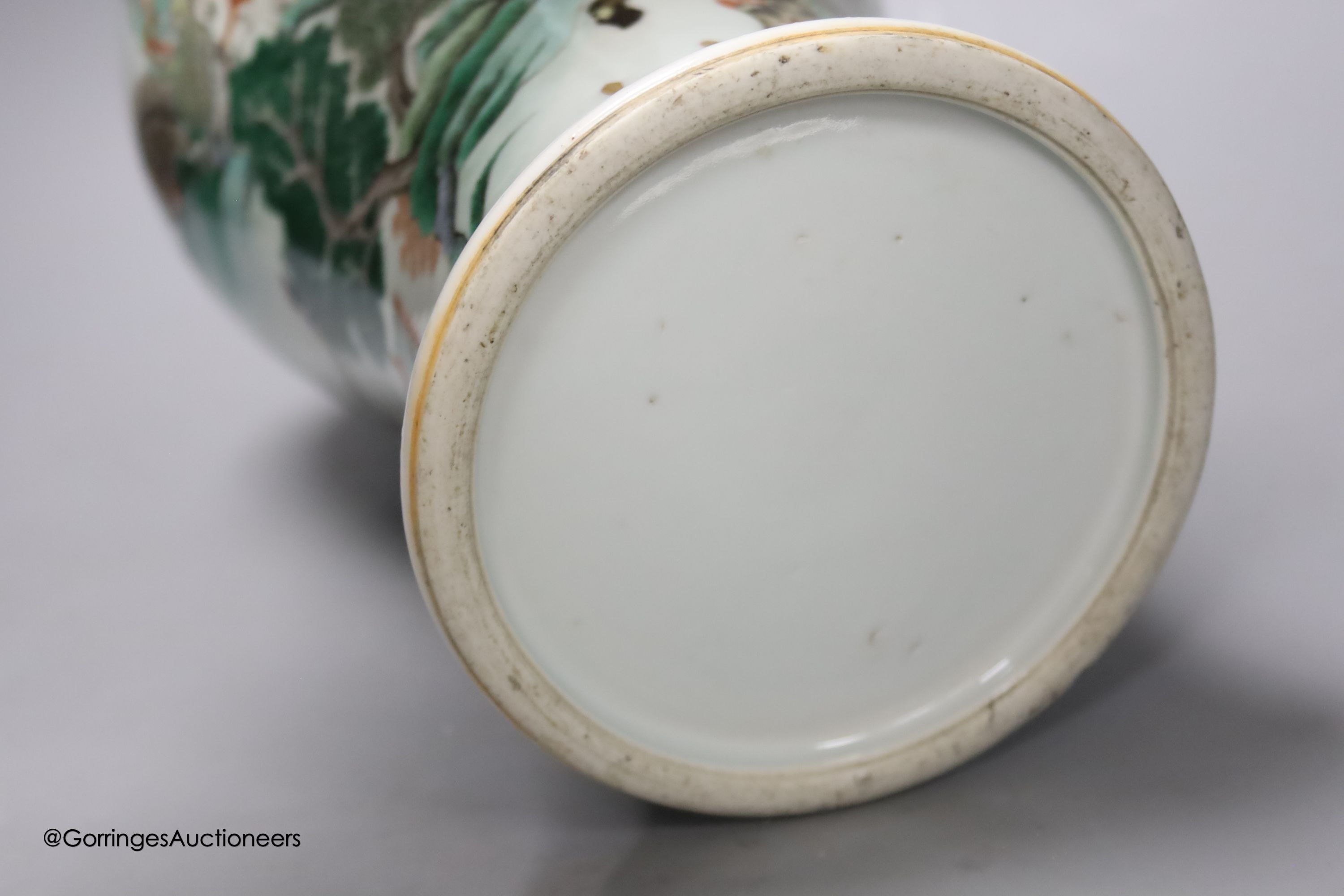 A large 19th century Chinese famille verte 'warriors' vase, height 45cm, restored neck